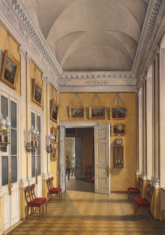 Interiors of the Winter Palace. The Room between the Small Fieldmarshal's Hall and the War Gallery by Edward Petrovich Hau - Interiors, Architecture Drawings from Hermitage Museum