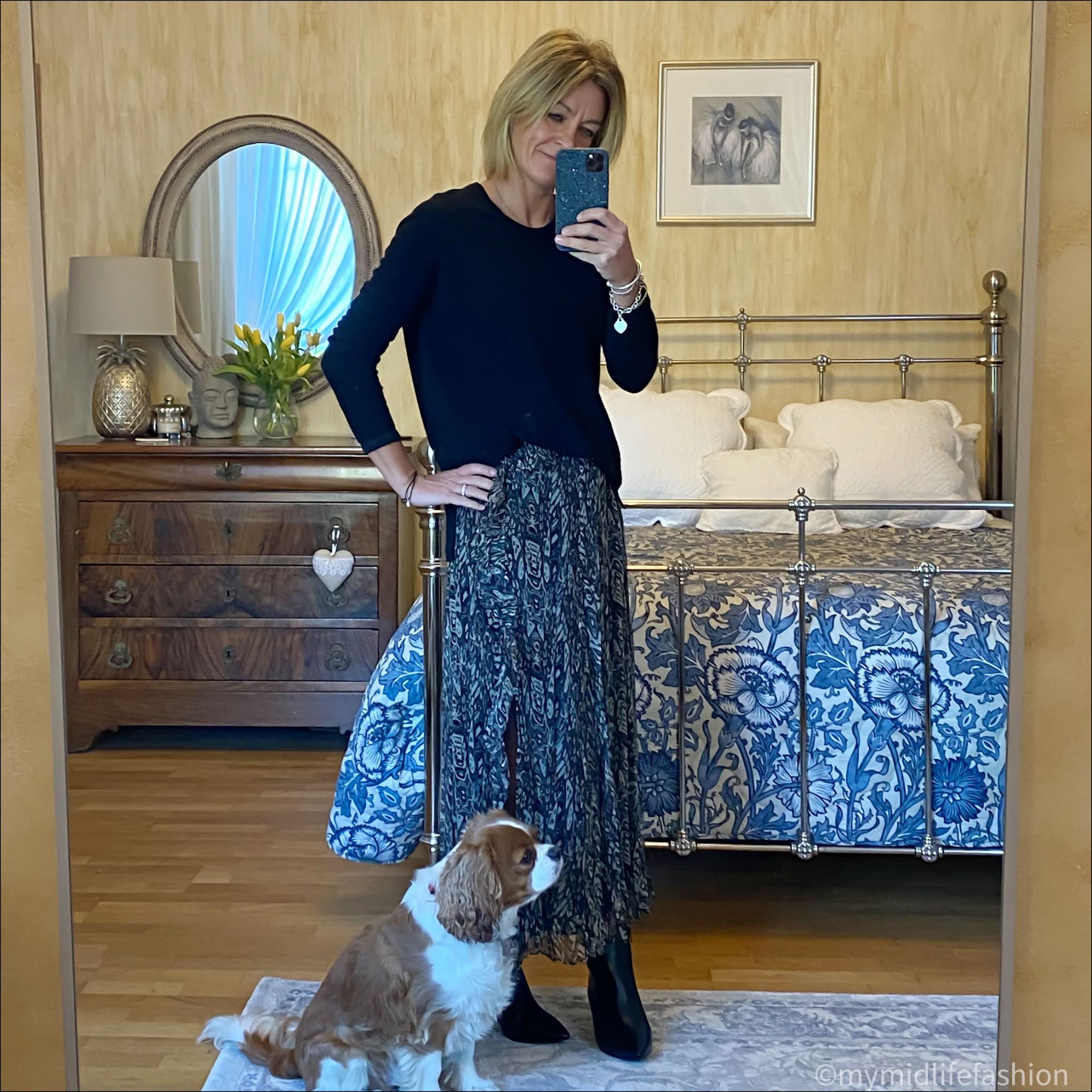 my midlife fashion, hush boyfriend cashmere jumper, iro Paris maxi skirt, sole bliss Brooke black leather ankle boot