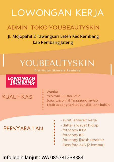 Lowongan Kerja Admin Toko dan Online Toko You Beauty Skin Tawangsari Leteh Rembang