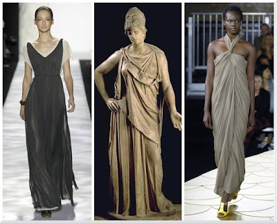 Image of Athena, Greek goddess of wisdom and war, Grecian-inspired dresses by Vera Wang and 3.1 Phillip Lim from Spring 2008