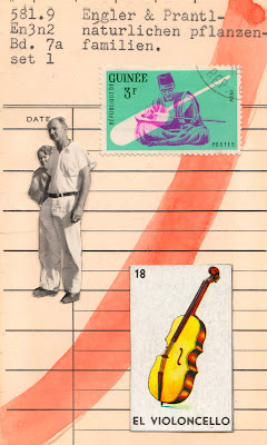 Mexican loteria card El Violoncello violin vintage black and white photo postage stamp library due date card collage art by Justin Marquis