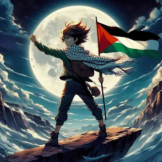 Gambar Anime Kartun Pemuda Membawa Bendera Palestina Dengan Latar Belakang Bulan Yang Terang