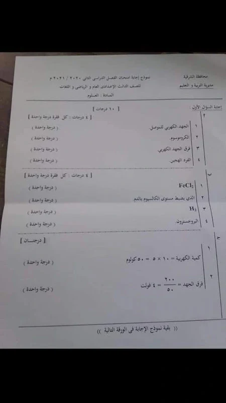 امتحان العلوم محافظة الشرقية بنموذج الاجابة الرسمى الصف الثالث الاعدادى ترم ثانى 2021