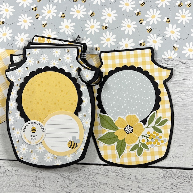 Honey Jar shaped mini scrapbook album pages with bees & flowers