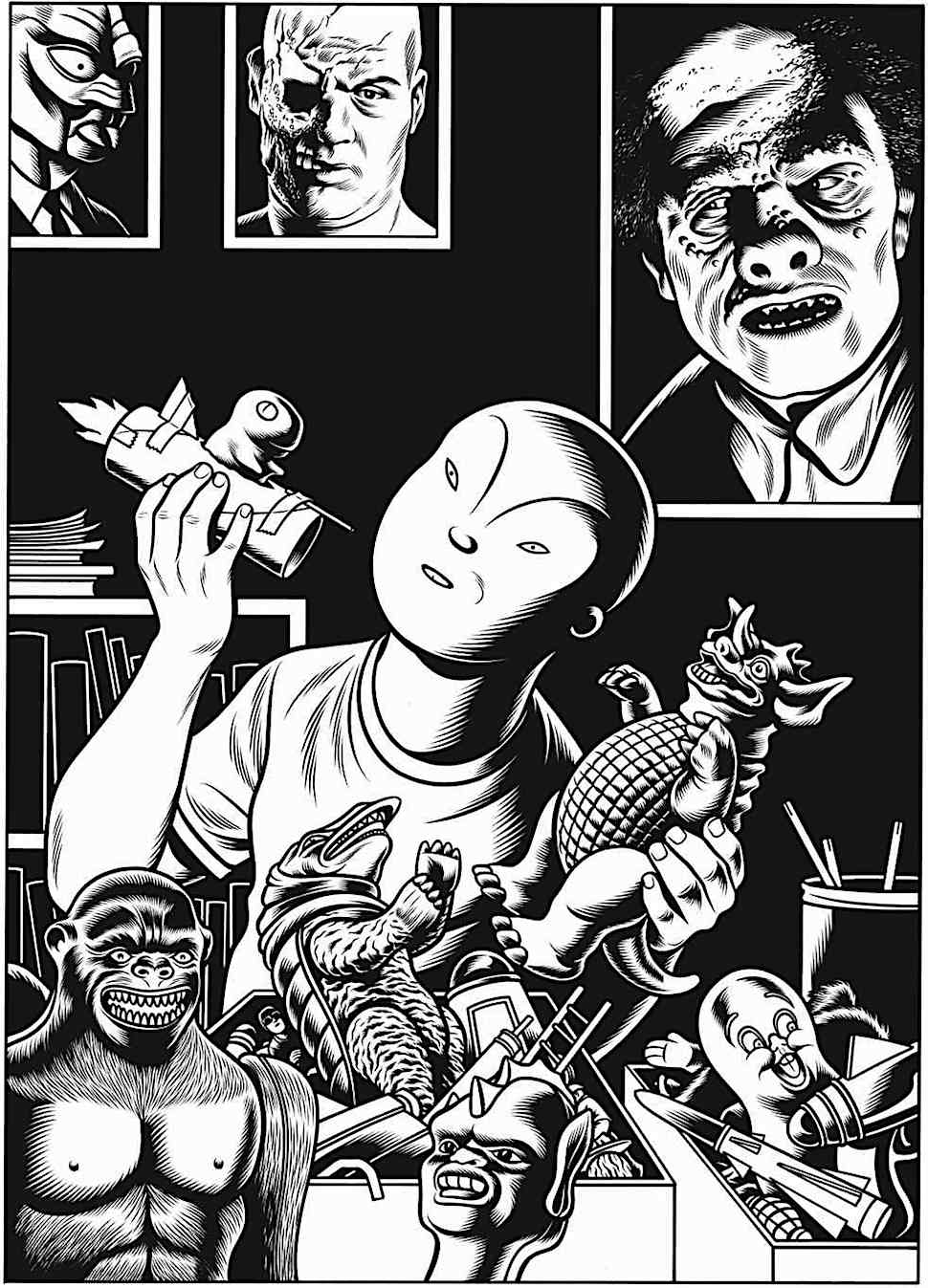 Charles Burns' Big Baby playing with his toys