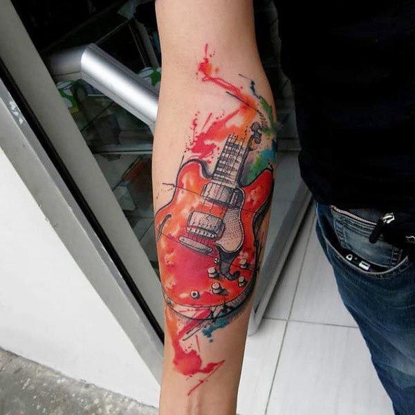 Beautiful watercolor guitar tattoo ideas for men forearm 