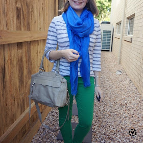 awayfromblue Instagram | SAHM style with cobalt shawl and green skinny jeans