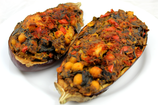 Stuffed Eggplant with Paneer and Chickpeas