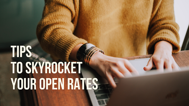 Image of a man on his laptop with the text tips to skyrocket your email open rates