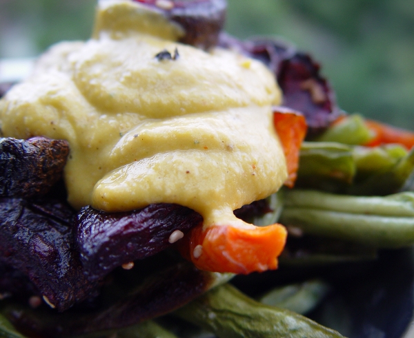 Sesame Encrusted Roasted Veggies with Pumpkin Banana Poppy Seed Dip