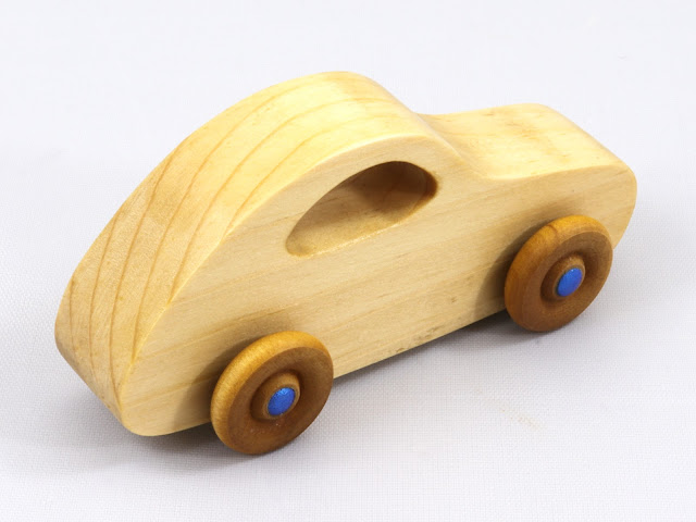 Wood Toy Car Classic Handmade and Finished with Clear Shellac and Metallic Blue Acrylic Paint, 1957 Bug From The Play Pal Collection