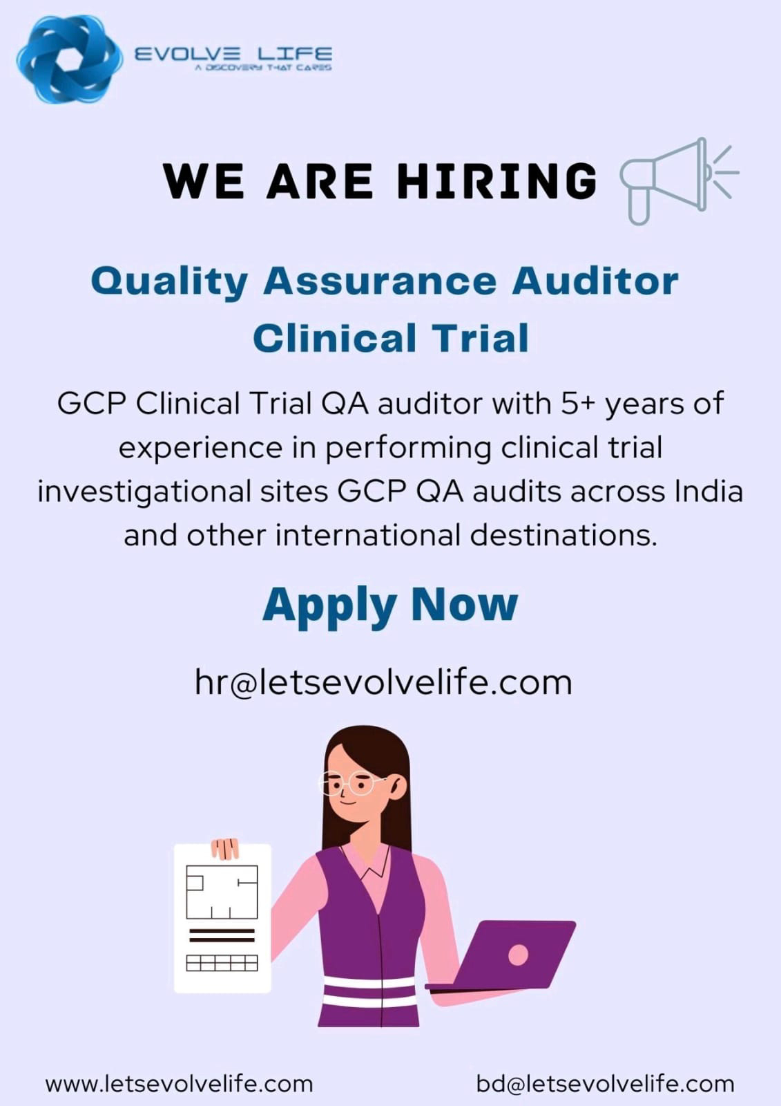 Job Available's for Evolve Life Job Vacancy for Quality Assurance Auditor Clinical Trial