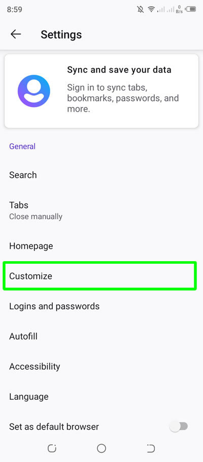 firefox app customize settings