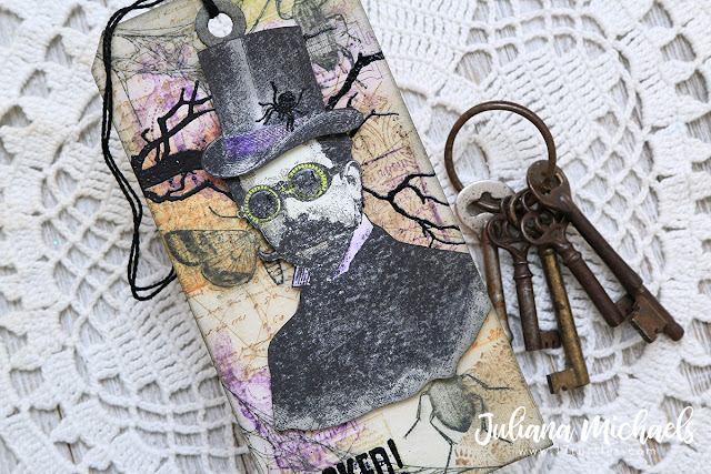 Wicked Halloween Tag featuring Stamp and Smear Background Technique with Distress Oxide Inks. Products used include Tim Holtz Stampers Anonymous stamps and Ranger Ink