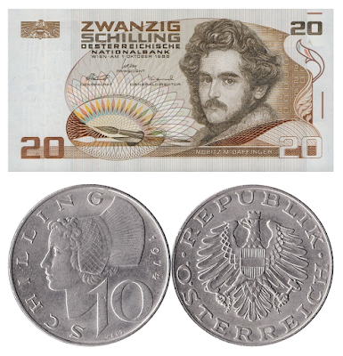 Austrian Shilling banknote and coin with hammer and sickle eagle