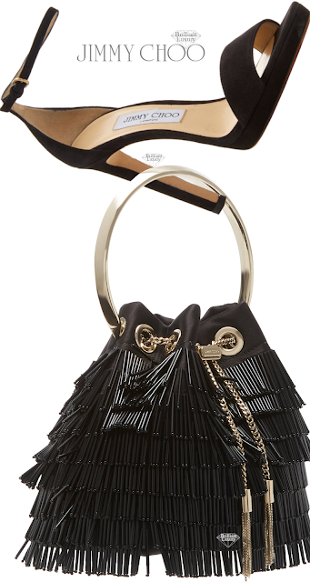 ♦Jimmy Choo black Misty suede platform sandals & black fringed Bon Bon crystal embellished satin bag #jimmychoo #shoes #bags #brilliantluxury