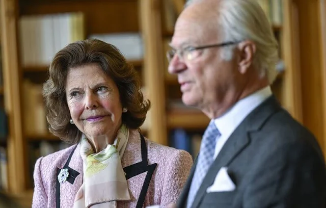 Queen Silvia wore a pink tweed jacket by Chanel, and pearl earrings. Princess Estelle and Princess Leonore. Princess Adrienne