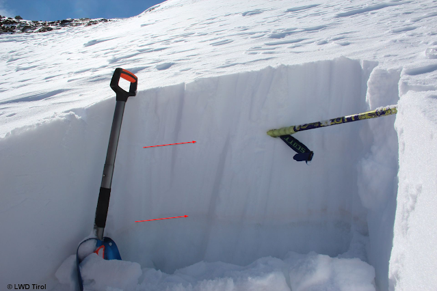 Ecco la foto del luogo del profilo di cui sopra. La freccia superiore indica uno strato di neve pallottolare, quella in basso lo strato di polvere sahariana di metà marzo. Le fratture iniziate, nel luogo del profilo, non erano complete. (Foto: 14.04.2022)