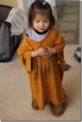 Elise in Dad's clothes