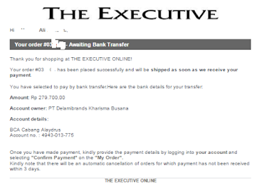 pemberitahuan, rekening, penipuan theexecutive, online, kemeja the executive, theexecutive.co.id