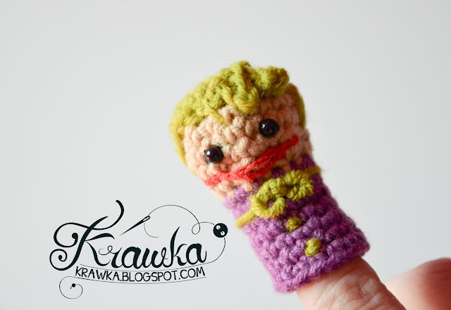 Krawka:Set of finger puppets villains -Catwoman,Poison Ivy, Joker, Penguin, Riddler with free crochet pattern