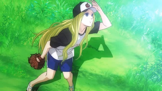 Nino shields the sun in her eyes as she looks up searching for the ball, glove in hand