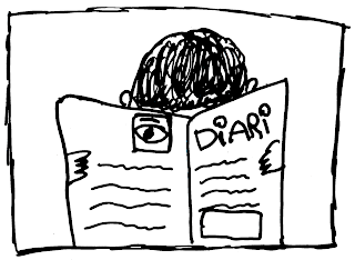Dibuix en blanc i negre: El diari tapa la cara del personatge. Només se li veu: les mans, el cabell i les orelles. Pel forat del diari, se li veu un ull.