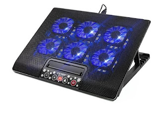 6 Quiet Fans Gaming Laptop Cooling Pad Lap for MacBook Pro / Air HP NoteBook, 15.6 - 17 Inch, LCD Screen, 2 USB Ports - Adjustable Computer Cooler Stand with Removable USB Power Line, Blue LED,Black