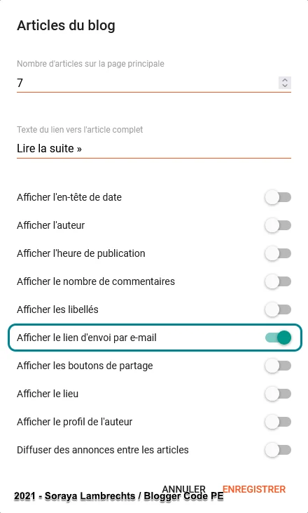 Activer l'affichage du bouton d'envoi par email via le panneau de configuration du gadget Blog.