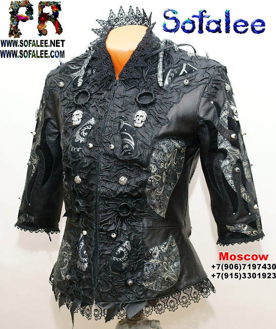 Silver-black color leather jacket with lace