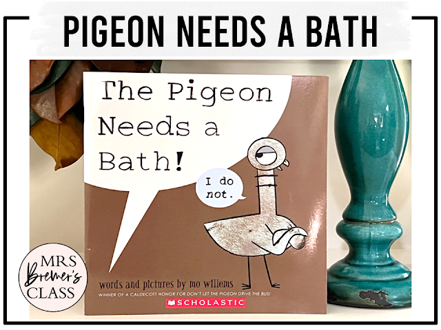 The Pigeon Needs a Bath book activities unit with literacy printables, reading comprehension companion activities, lesson ideas, and a craft for Kindergarten and First Grade