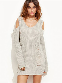  Ripped Cold Shoulder Mini Sweater Dress - Gray 