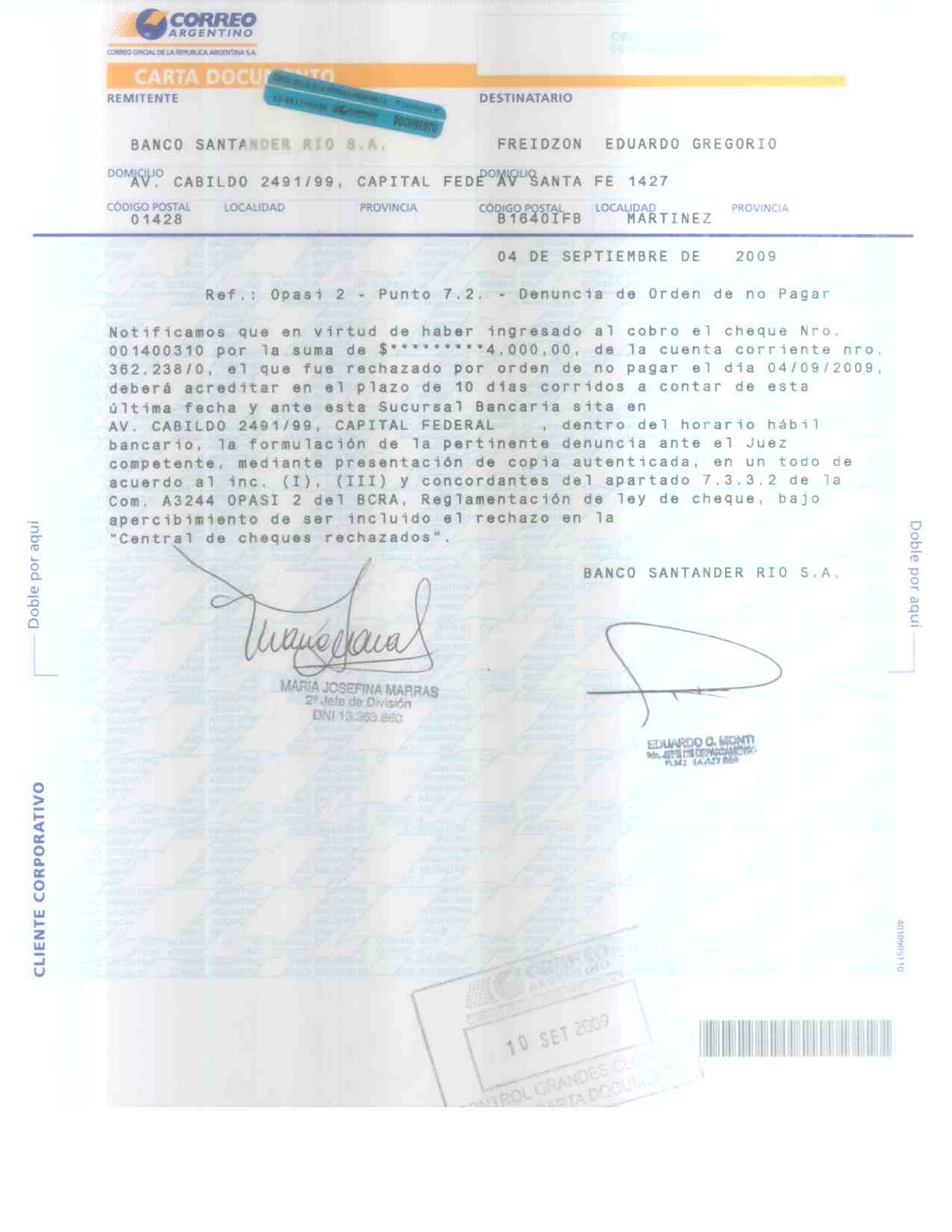 Eduardo Freidzon: Carta documento por cheques rechazados