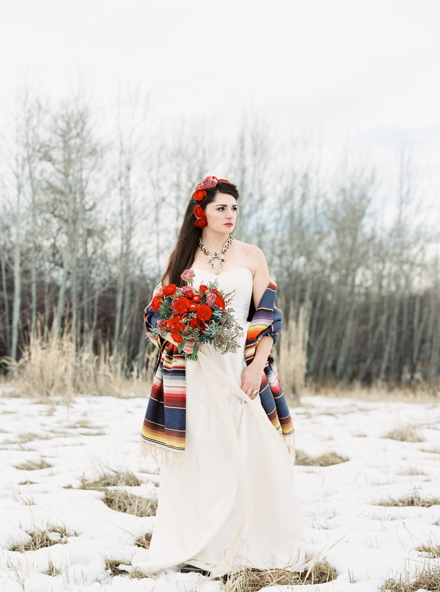 Frida Kahlo Wedding Inspiration / Photography: Orange Photographie / Styling & Flowers: Katalin Green / Hair & Makeup: Alexa Mae / Dress: Coren Moore / Hat & Serape: Vintage / Necklace & Ring: Mountainside Designs / Location: Bozeman, MT 