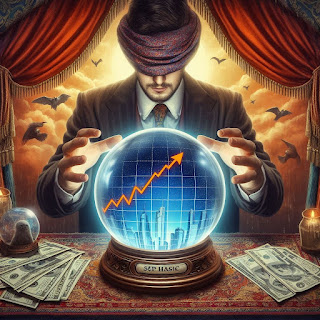 A fortune teller looking into a crystal ball to make a prediction about the S&P 500 Image generated by Microsoft Copilot Designer.