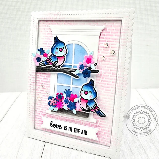 Sunny Studio Stamps: Love Birds Card by Tina Henkens (featuring Wonderful Windows Dies, Frilly Frame Dies)