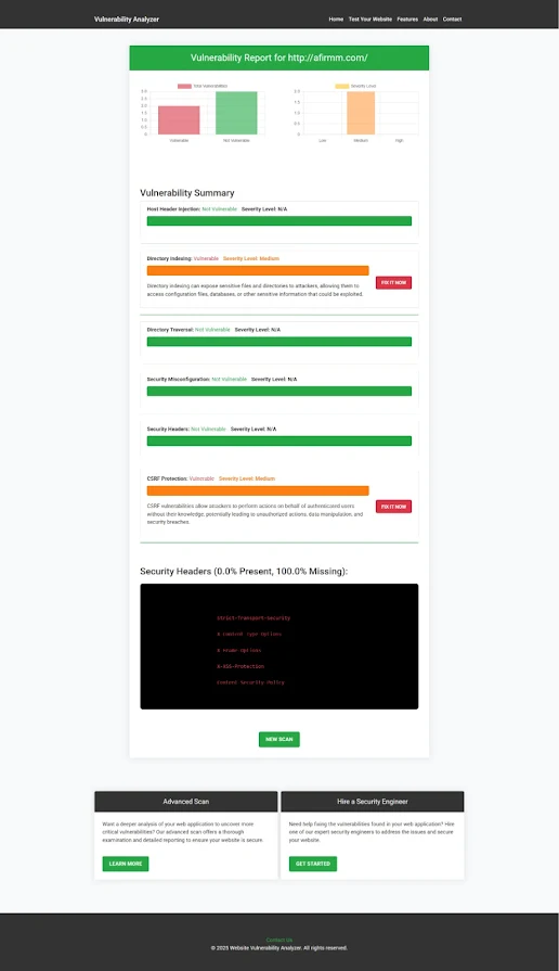 An Example of a vulnerability assessment report generated with our free tool, providing insights into possible vulnerabilities.