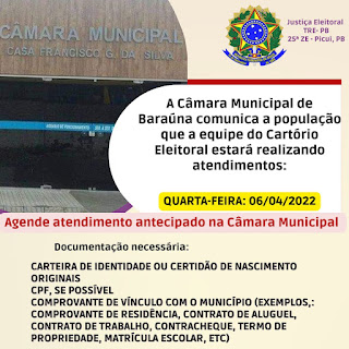 Cartório Eleitoral estará realizando atendimentos em Baraúna próxima quarta (06)