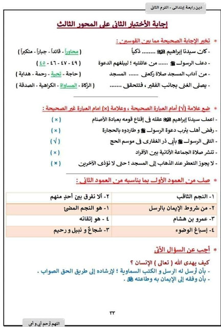 امتحان دين اسلامى محلول رابعة ابتدائى ترم تانى