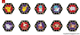 Full set of Match Battle coins showing violet and scarlet version of each from McDonalds Pokemon 2023 including pikachu, quaxly, sprigatito, fuecoco, cetitan