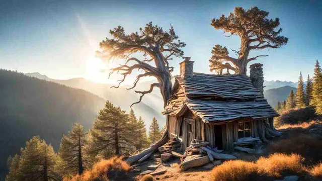 A serene mountaintop with a small, weathered hut nestled amongst the trees. Smoke curls gently from the chimney as sunlight filters through the branches. In the foreground, a gnarled old tree stands like a stoic sentinel, its bark etched with age-old wisdom. The sky above is clear and bright, a symbol of clarity and simplicity.