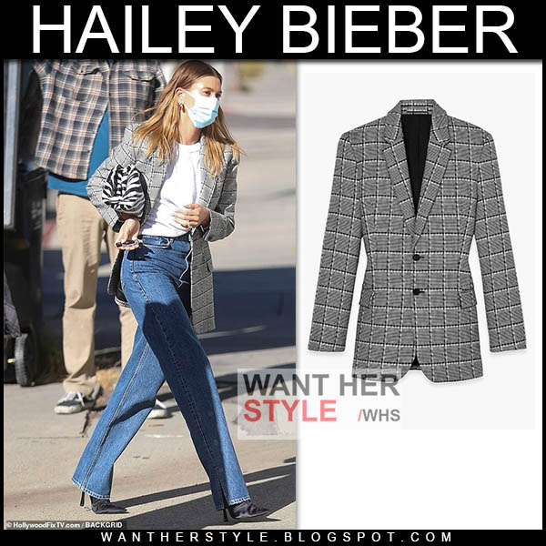 Hailey Bieber in grey plaid blazer and jeans