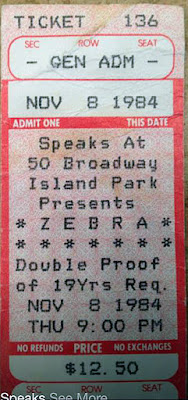 Ticket to see Zebra at Speaks Nov 8, 1984