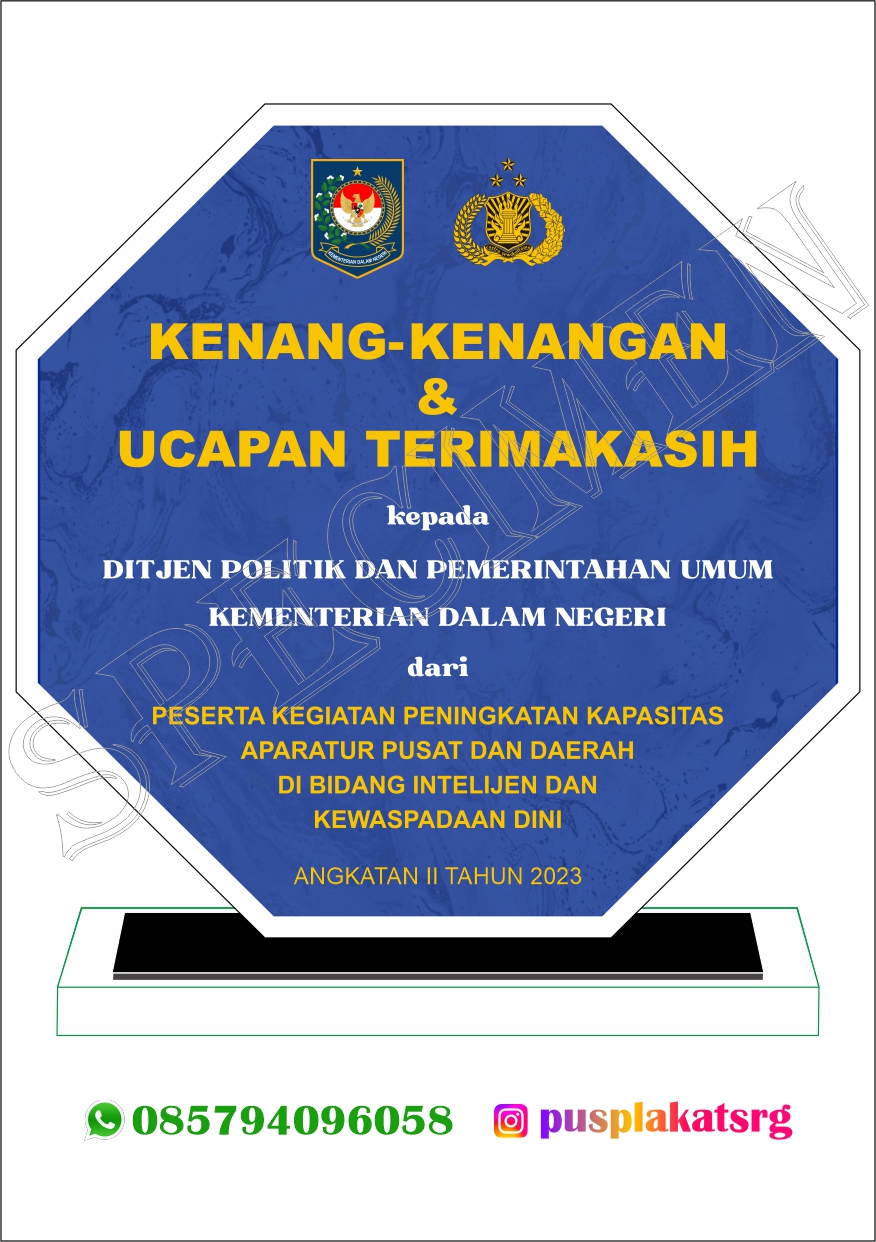 Contoh Plakat Print UV Full Akrilik Kementerian Dalam Negeri Kenang-kenangan dan Ucapan Terima Kasih