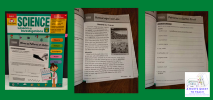 A Mom's Quest to Teach logo; science book cover; two pages from science book