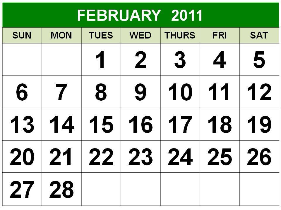 Free February 2011 Calendar printable template