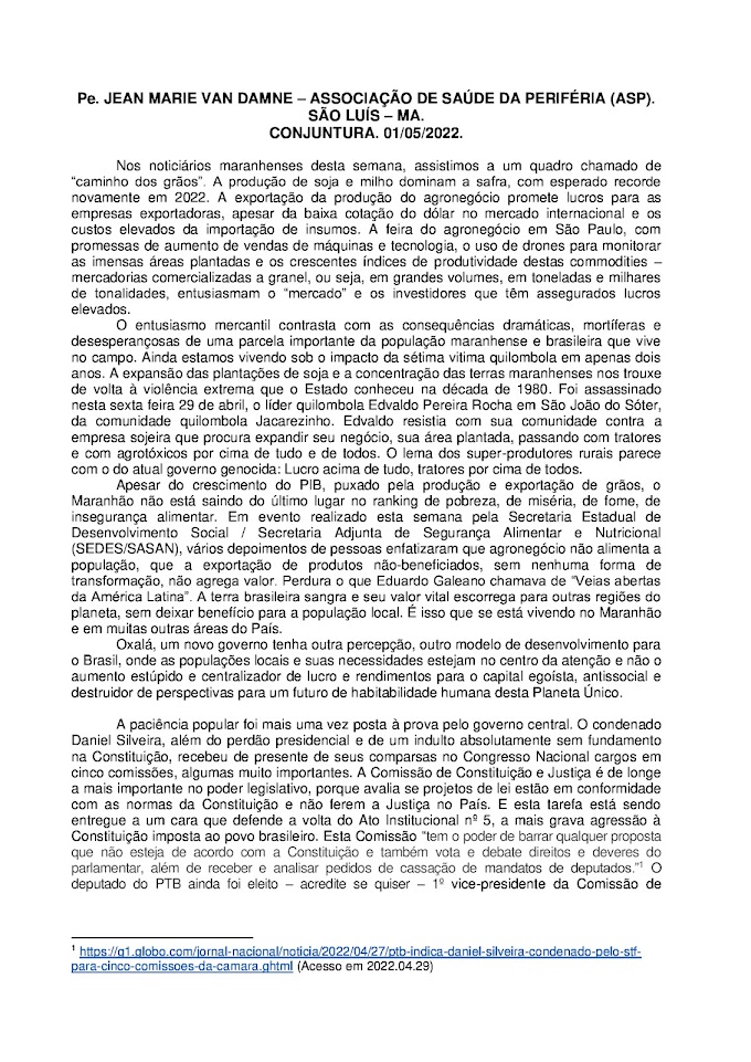 ANÁLISE DE CONJUNTURA. Pe. JEAN MARIE VAN DAMNE. 01/05/2022