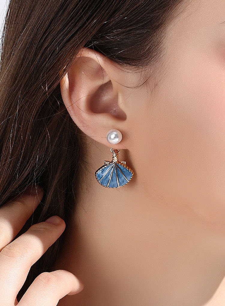 渡假風滴釉藍貝殼淡水珍珠耳環