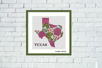 Texas floral map silhouette cross stitch pattern - Tango Stitch