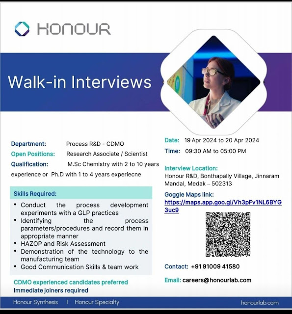 Honour Labs | Walk-in interview for RnD - CDMO on 19 & 20-Apr-2024
